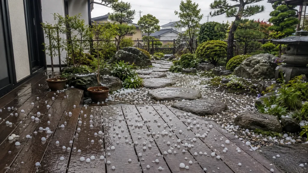 庭先に転がる大粒の雹のイメージ