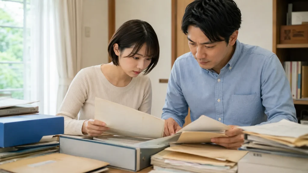 購入時の契約書を書類入れから探しているイメージ