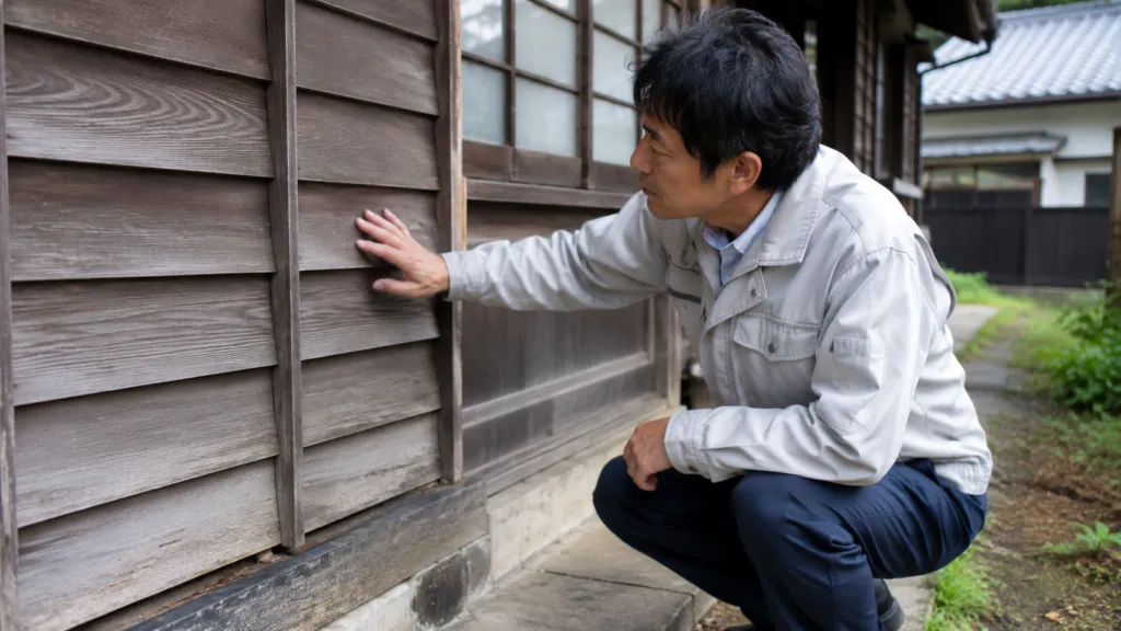老朽化した建物の状態を確認する様子