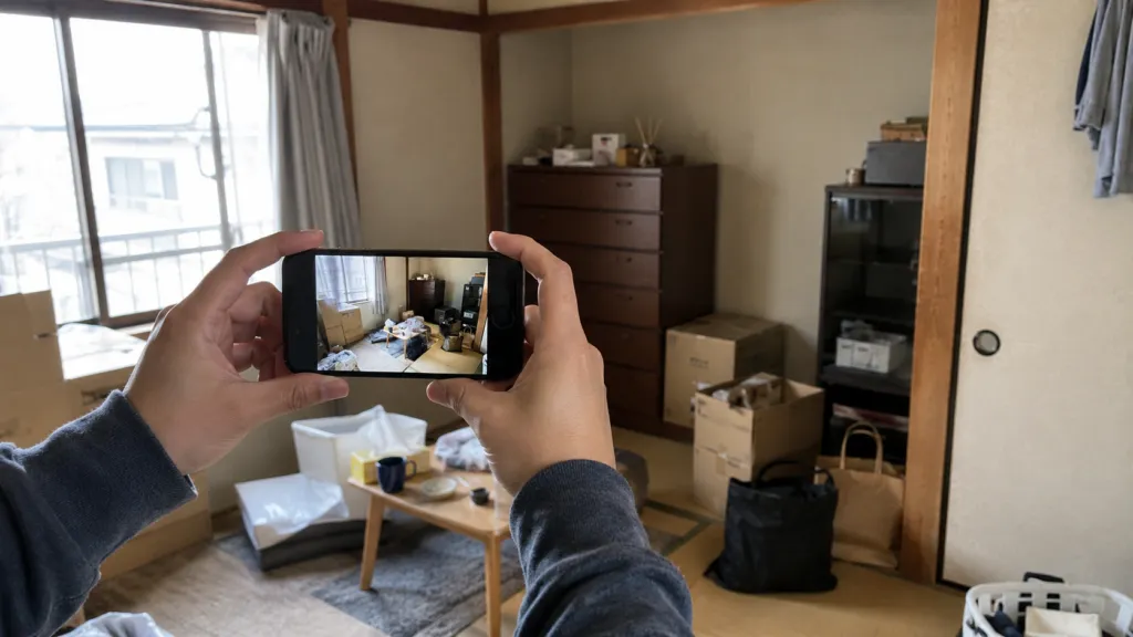 荷物が残った部屋を撮影して相談する様子