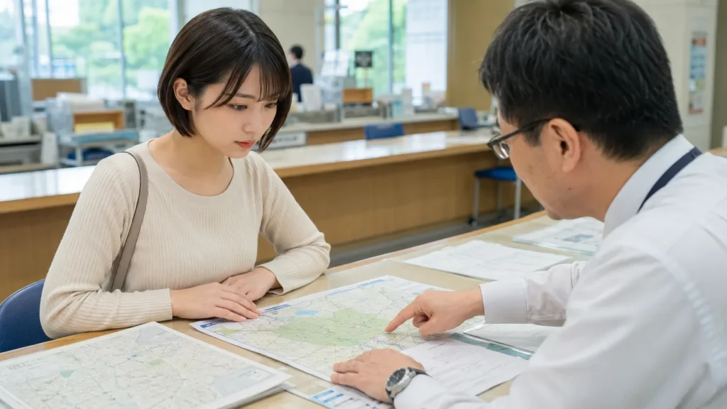 市区町村の窓口で土地の区域や建築の可否を確認するイメージ