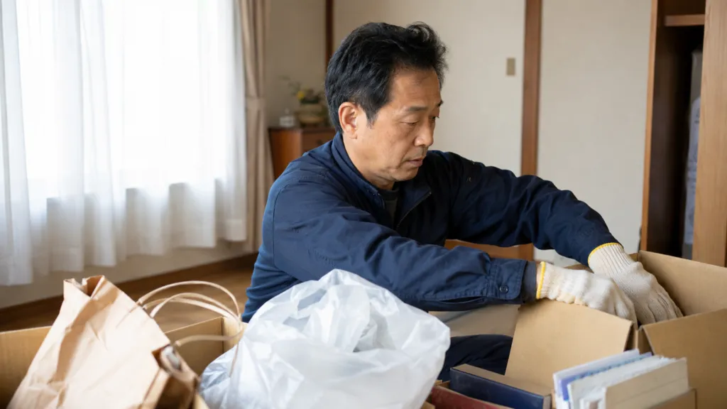 ゴミ屋敷の片付けで荷物を仕分けする男性