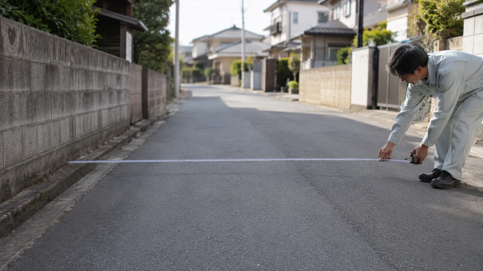 位置指定道路の幅を現地で測って図面と見比べるイメージ