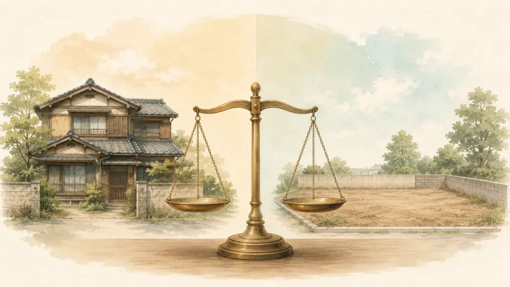 古家のまま売るか解体して売るかを天秤にかけて比べるイラスト