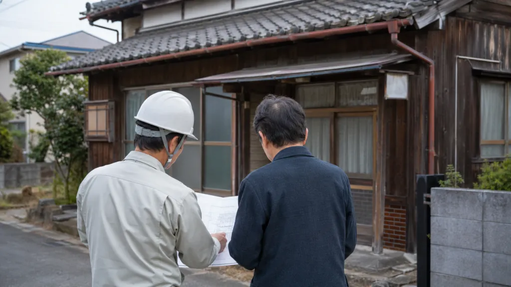 解体前に現地で見積もりの打ち合わせをする様子