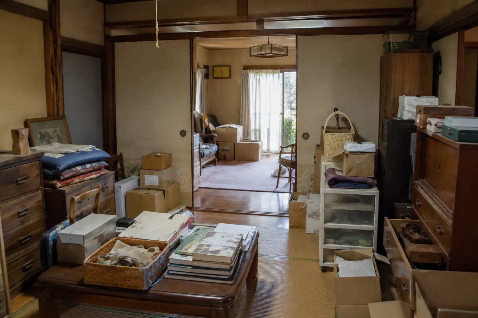 家財や荷物が残ったままの、相続した戸建て空き家の室内（イメージ）