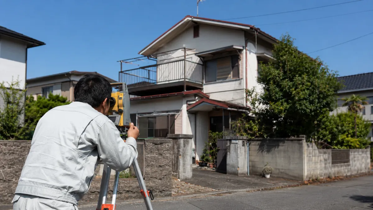 土地の境界を測量している様子