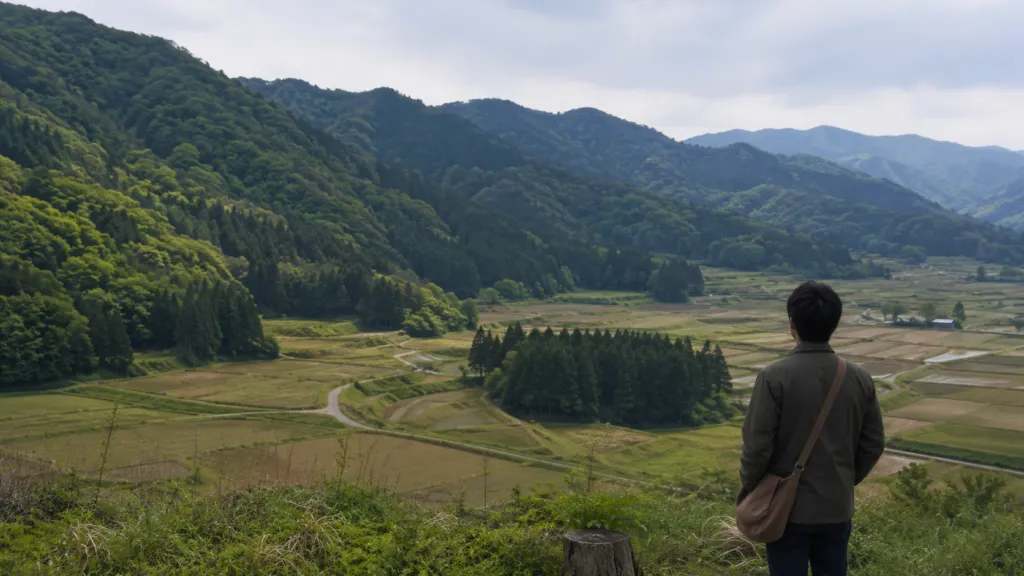 相続した山林や田畑をどうするか考える様子