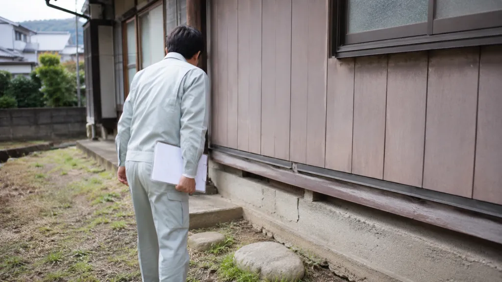 建物の状態を現地で確認する担当者のイメージ