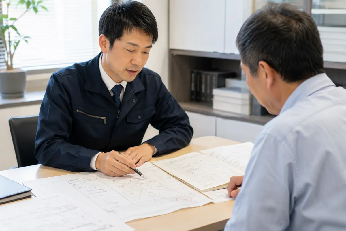 古い図面と登記資料を見ながら境界について相談する様子