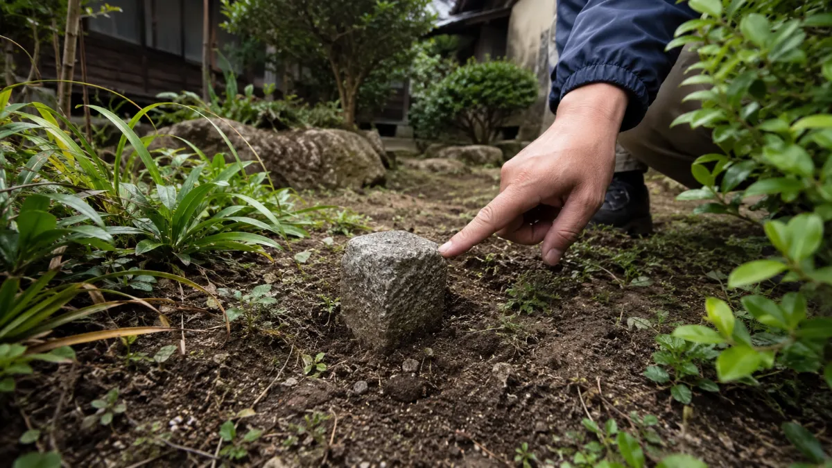 土に埋もれた境界標を探しているイメージ