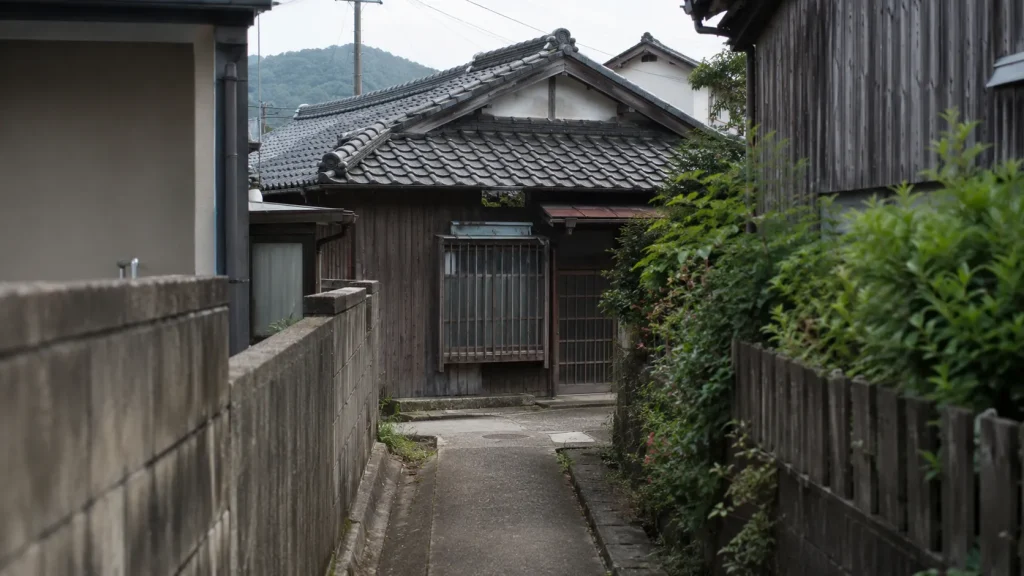 細い路地の奥に建つ古い木造住宅(古家付き無道路地のイメージ)