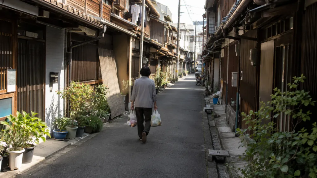 連棟住宅の並ぶ路地を歩く様子
