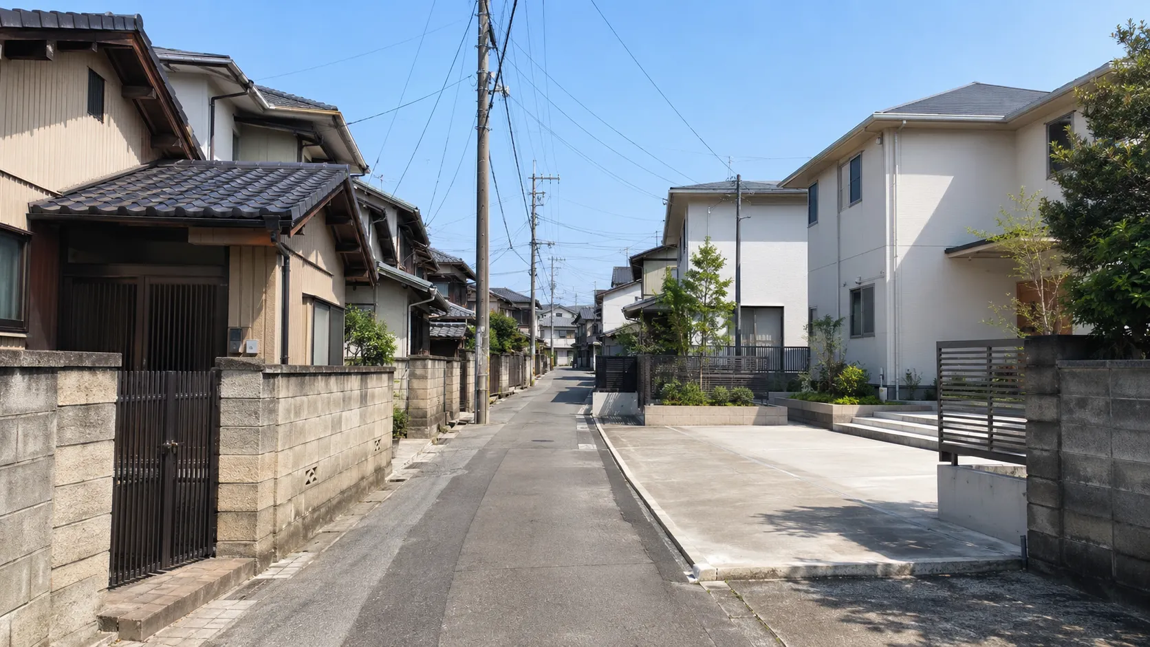 セットバック後に部分的に広がった住宅街の道路のイメージ