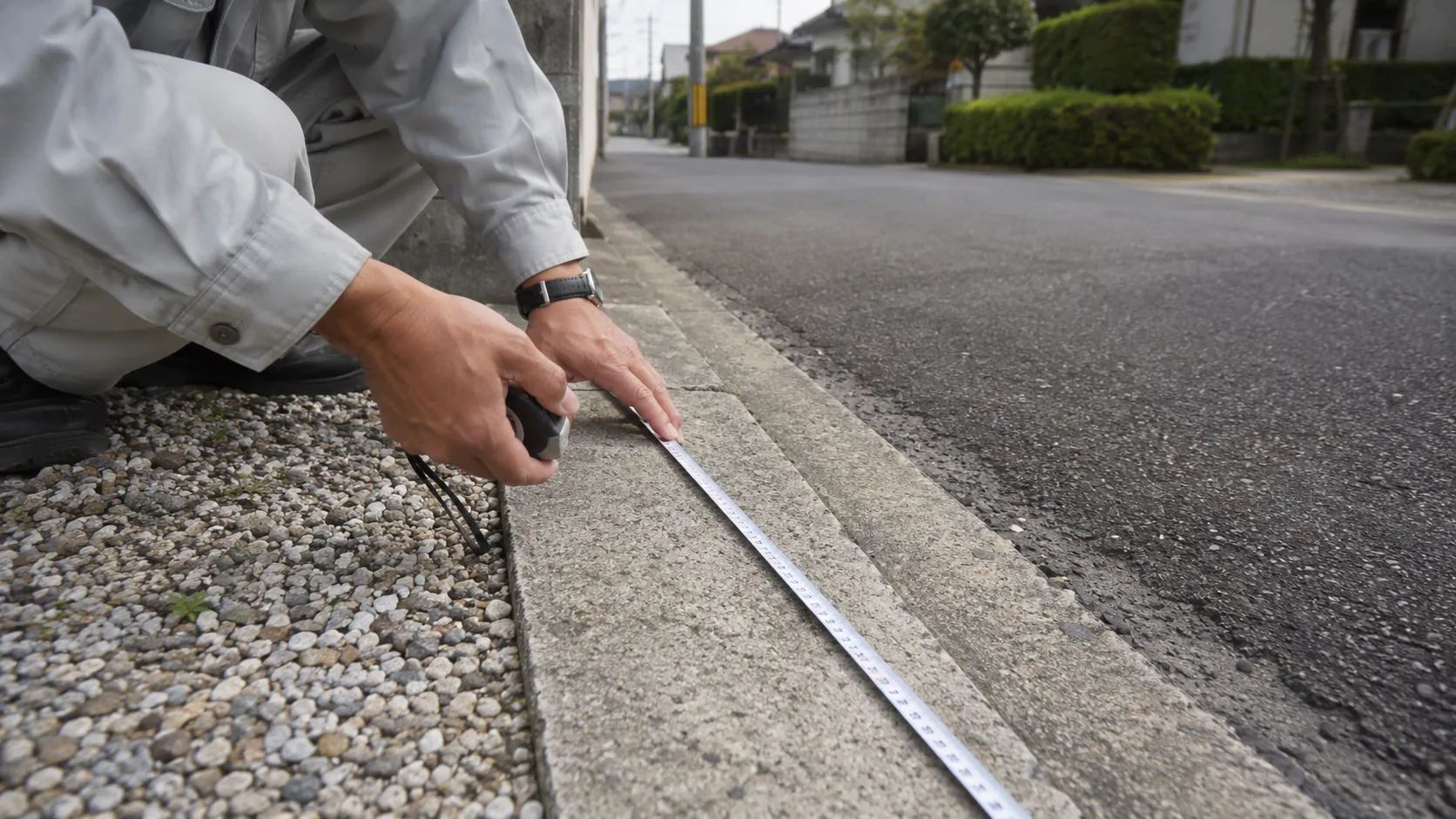 前面道路と敷地の接道状況を確認している様子