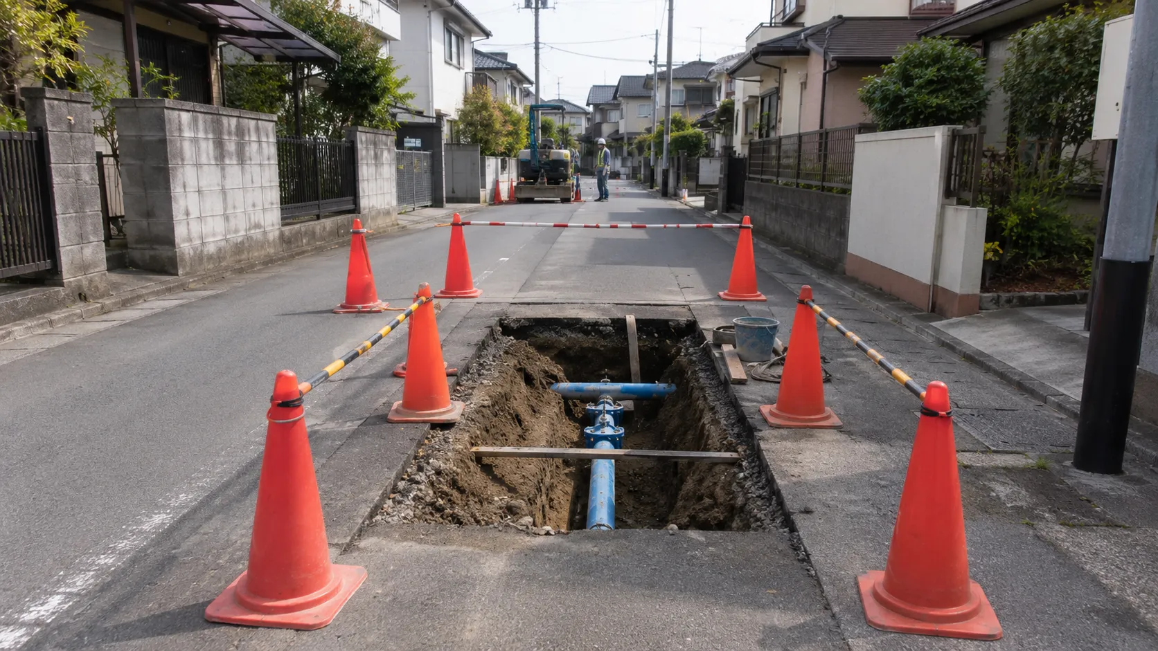 私道の掘削をともなう水道管工事のイメージ