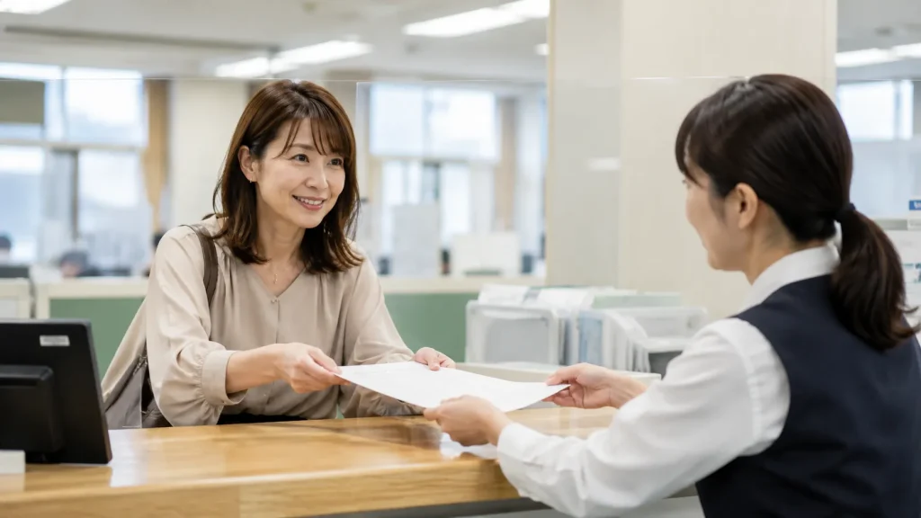 市町の窓口で書類を申請する場面のイメージ