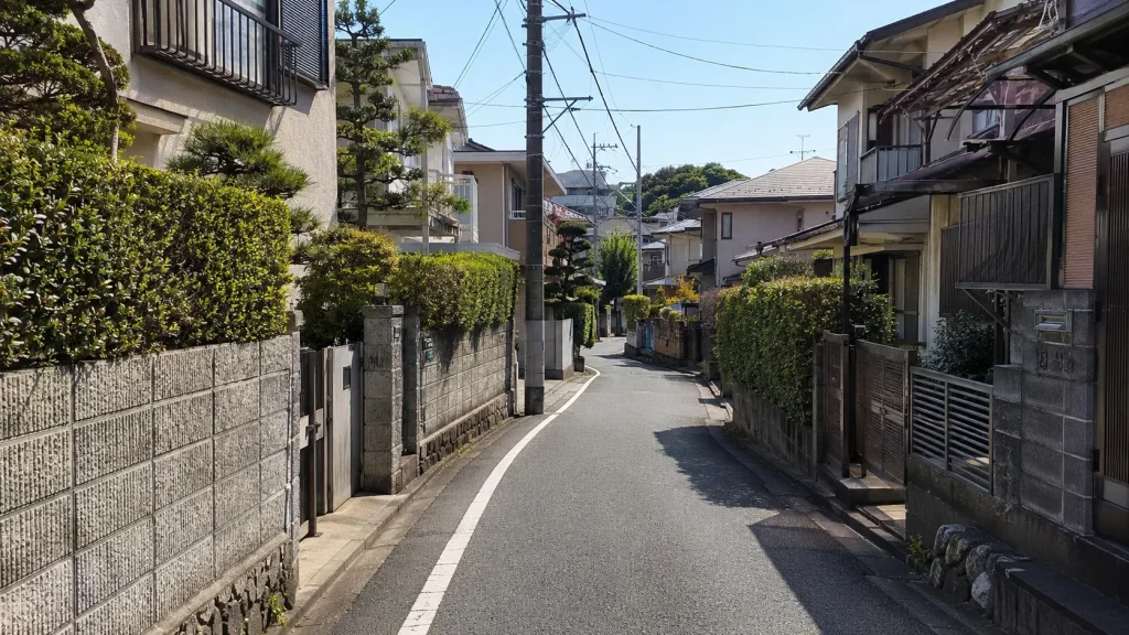 車がやっと通れる幅の住宅地の道のイメージ