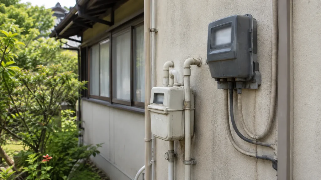 住宅の外壁に付いた電気メーターとガスメーター。閉栓の記録を確認する（イメージ）