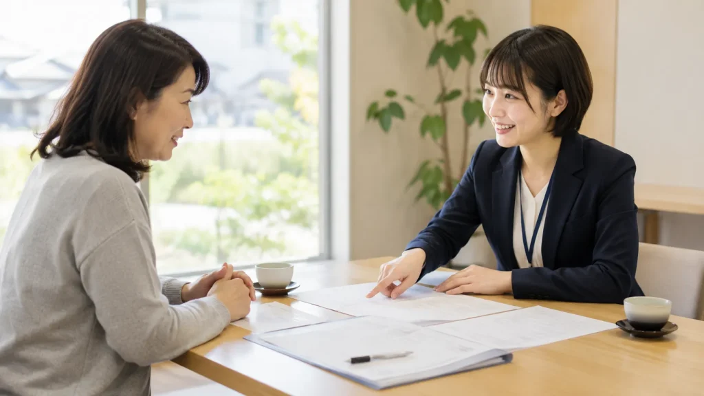 不動産会社の応接で、相続した家の売却について説明を受けている様子（イメージ）