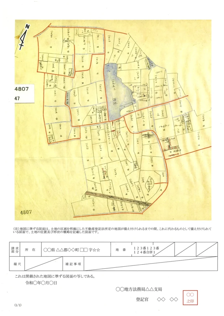 字限図の例。道が朱色、水路が青色の線で引かれ、ため池が青く塗られている
