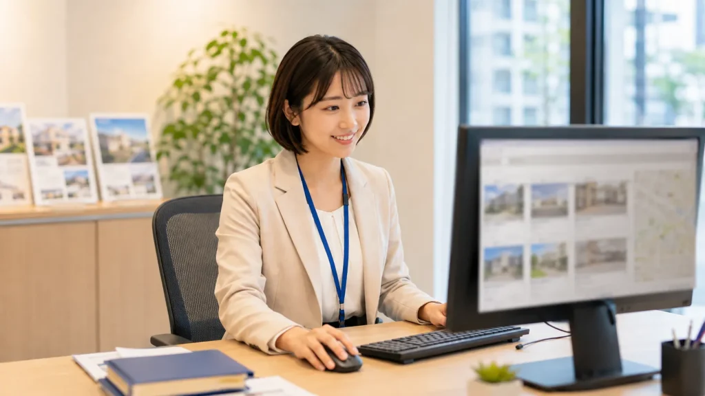 レインズで条件に合う物件を検索する不動産会社の手元のイメージ