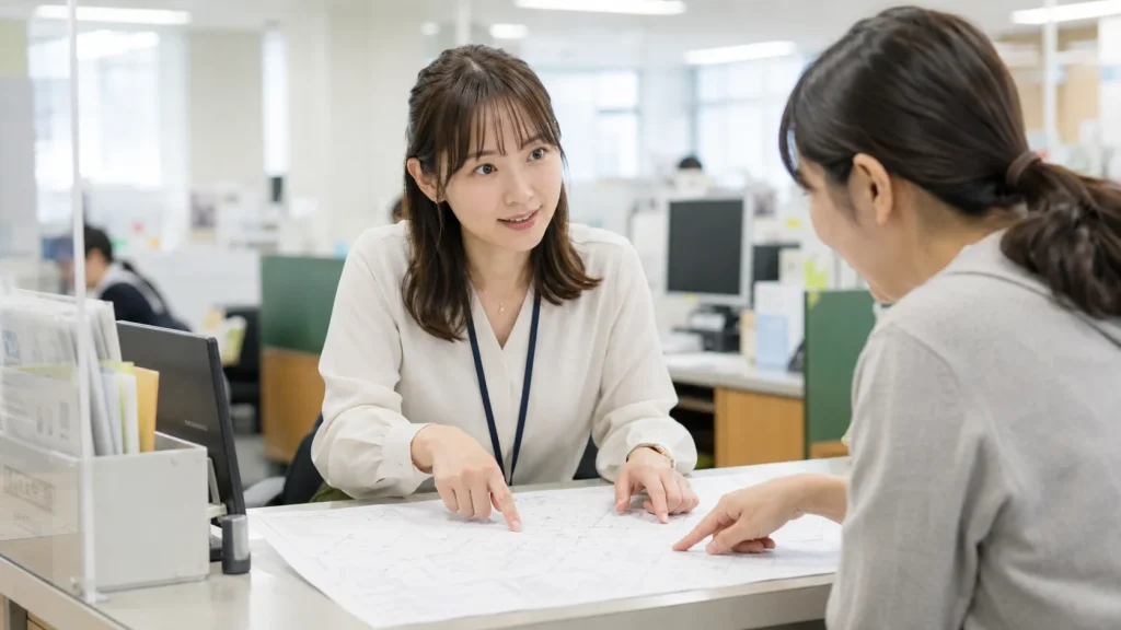役所の窓口で図面を見ながら相談している様子