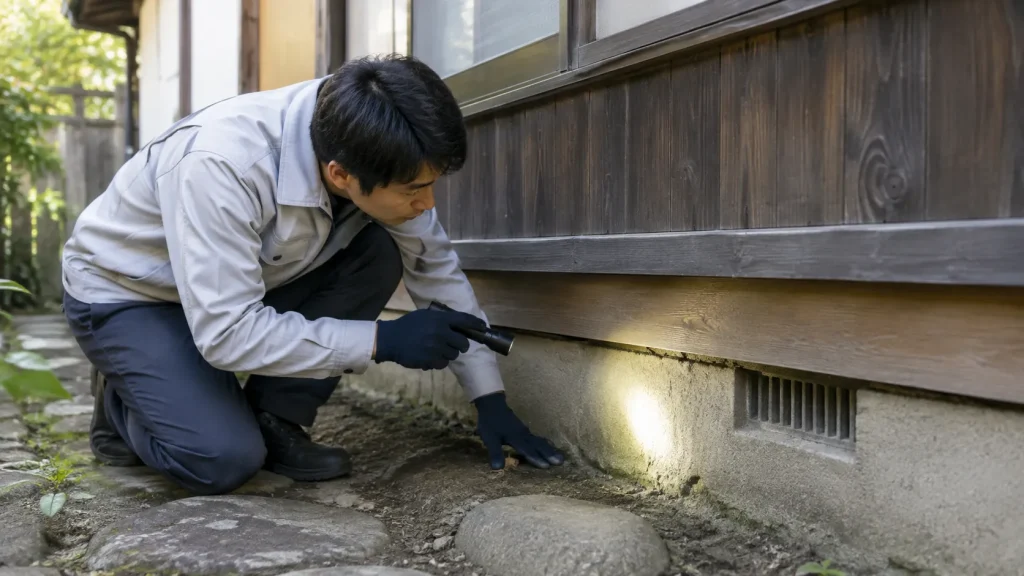 建物の基礎まわりに蟻道がないか確認する現地確認のイメージ