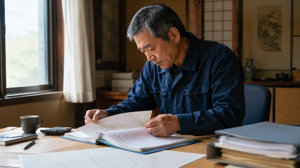過去の駆除工事の記録や保証書を確認する手元のイメージ
