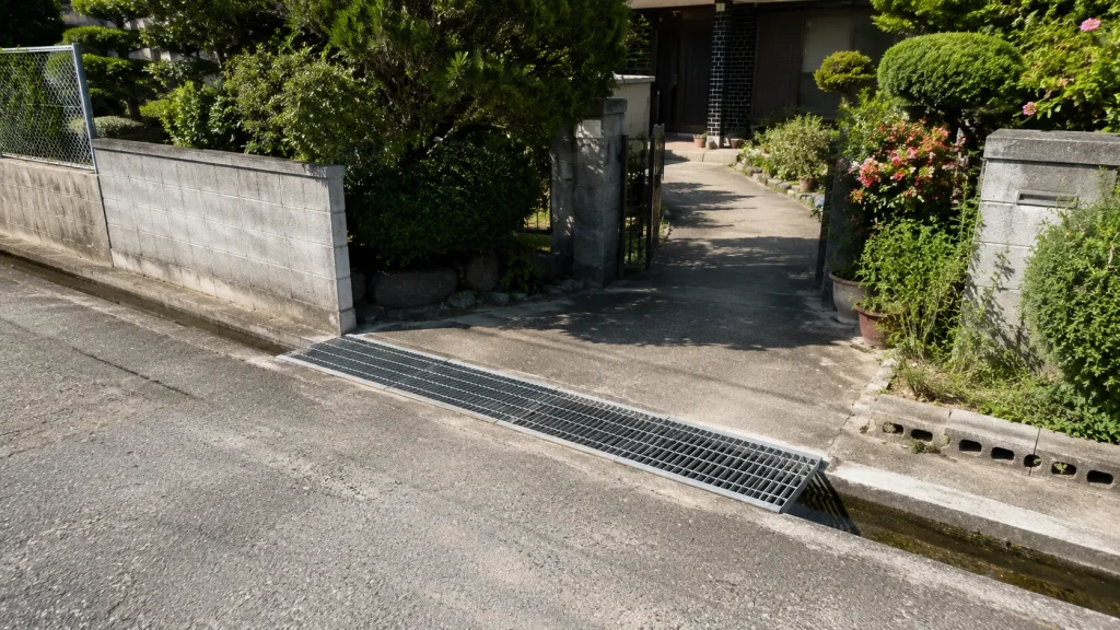 道路と敷地のあいだの水路にグレーチングのふたを架けて出入りしている様子