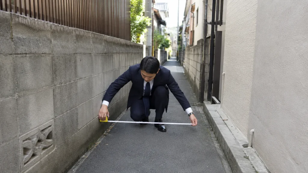 住宅地の狭い道路で道路の幅を測っている担当者のイメージ