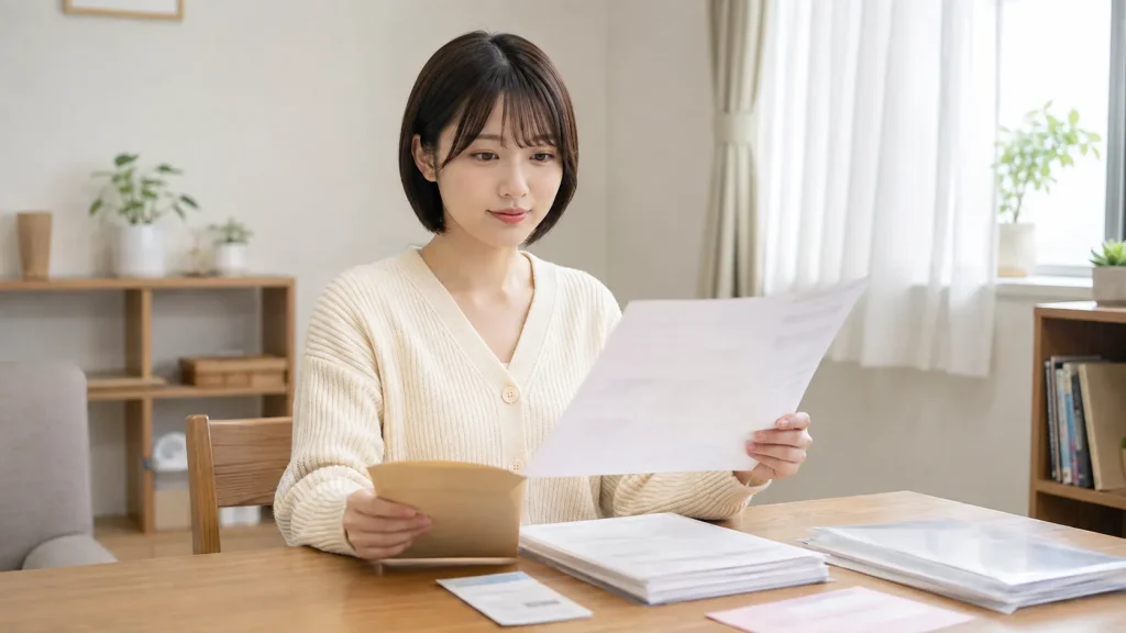役所へ郵送する申請書類と返信用封筒を用意しているイメージ