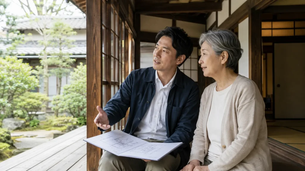 図面と建物を照らし合わせて確認する場面のイメージ