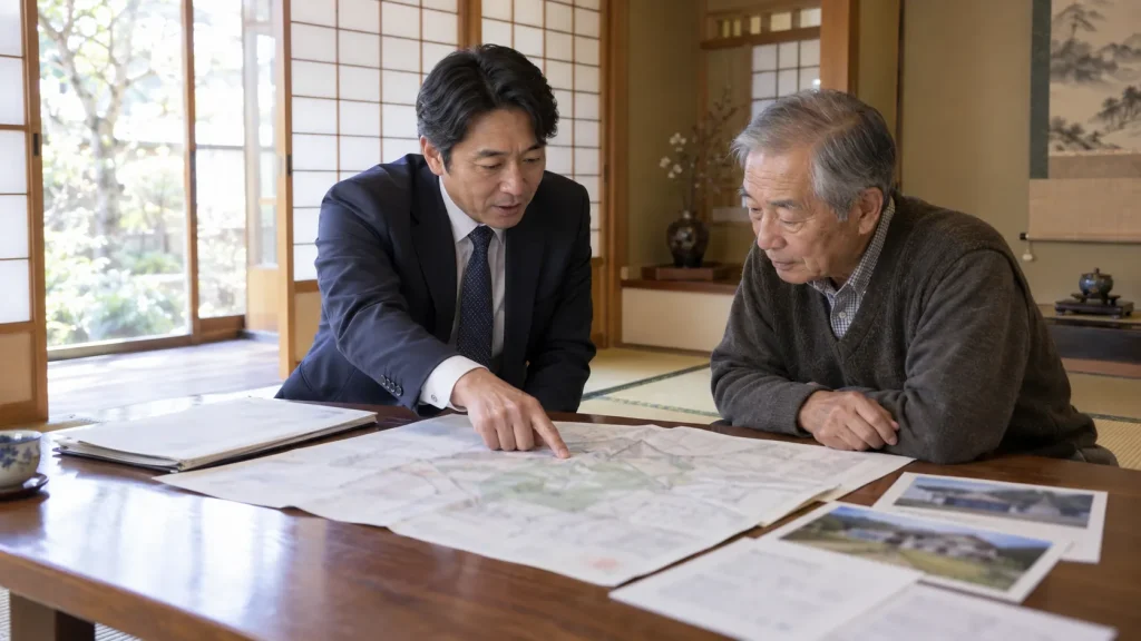 覚書と測量図を前に説明を受けている場面（イメージ）