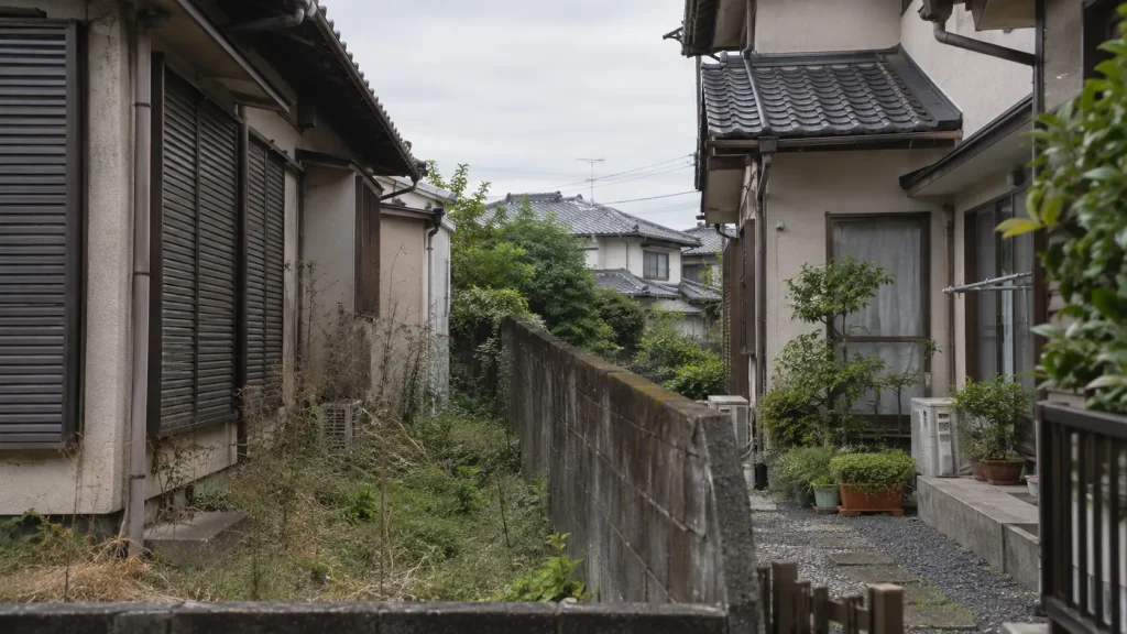 隣り合う家のあいだにある古いブロック塀（イメージ）