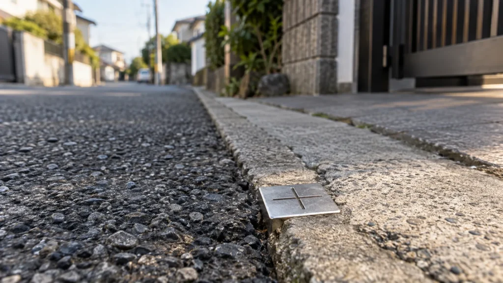 道路との境に埋め込まれた金属製の境界標（イメージ）