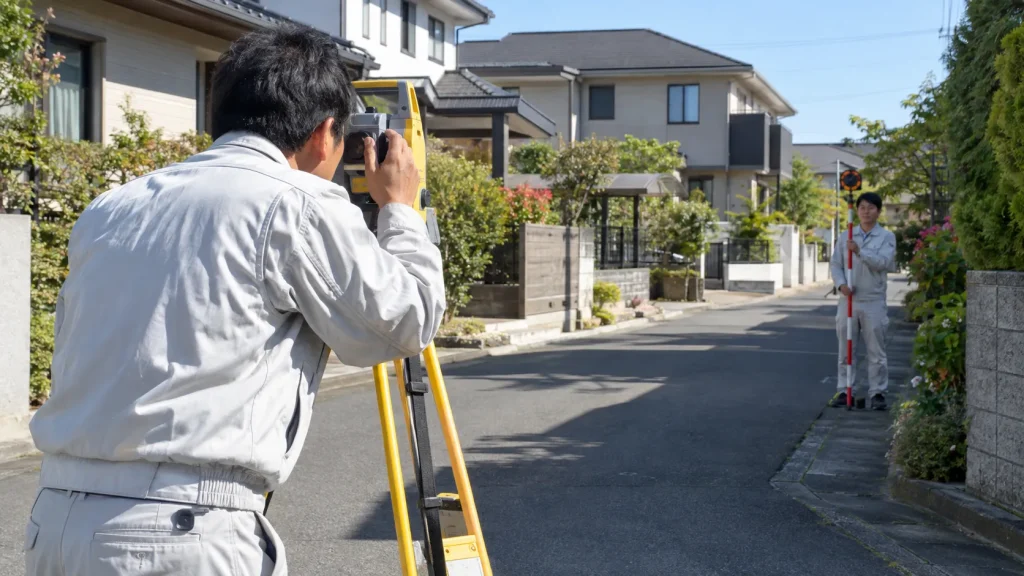 住宅地で土地家屋調査士が測量している場面（イメージ）