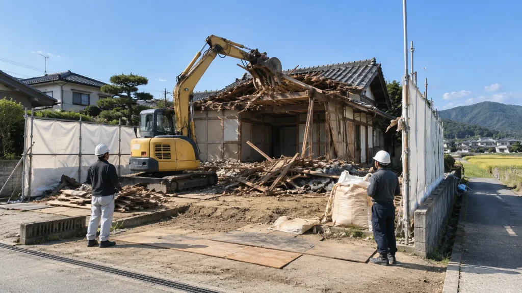 加東市の古い木造の空き家を解体している工事のイメージ