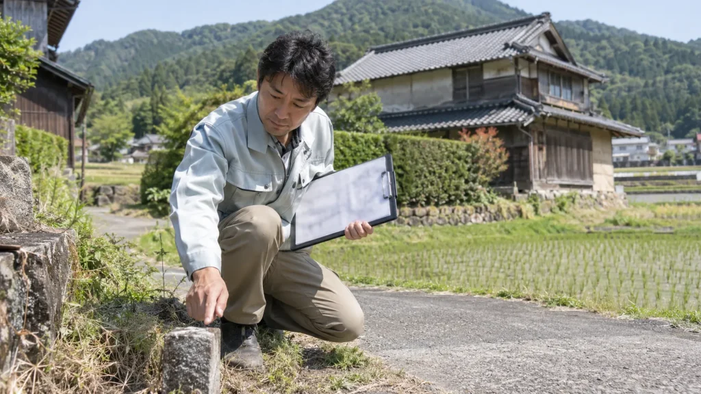 加東市の空き家の敷地で境界標と図面を確認する当社スタッフのイメージ