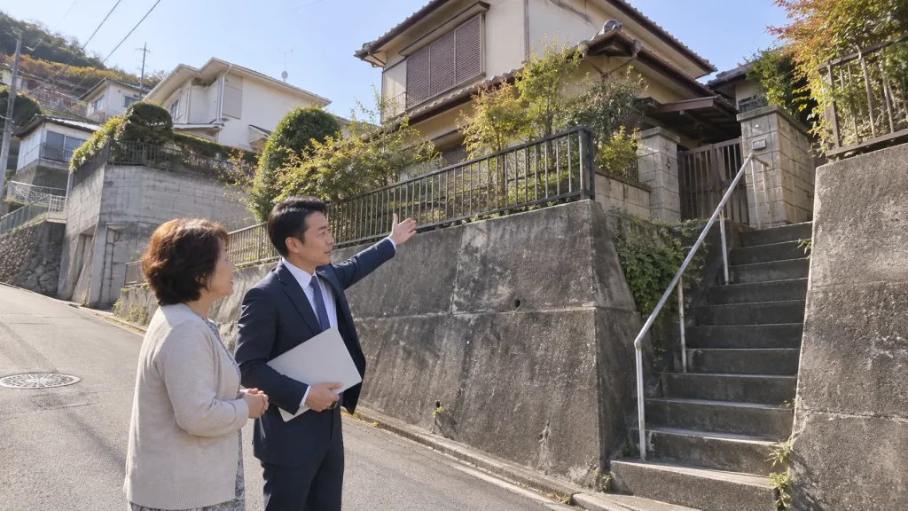 坂道で担当者と売主が敷地を確認している場面（イメージ）