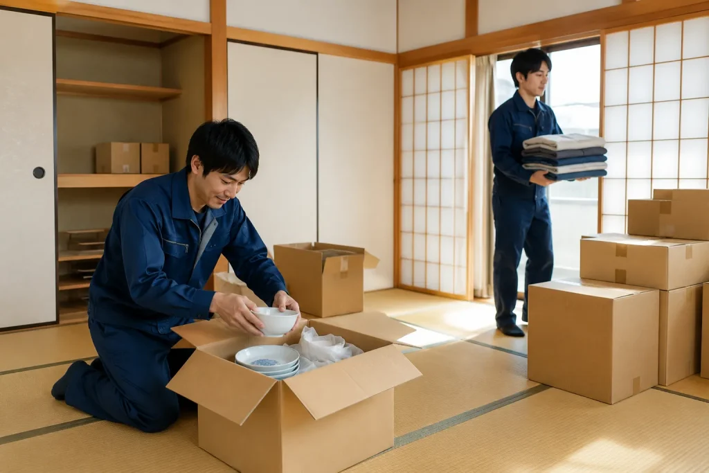 和室で家財を段ボールに整理しているスタッフのイメージ