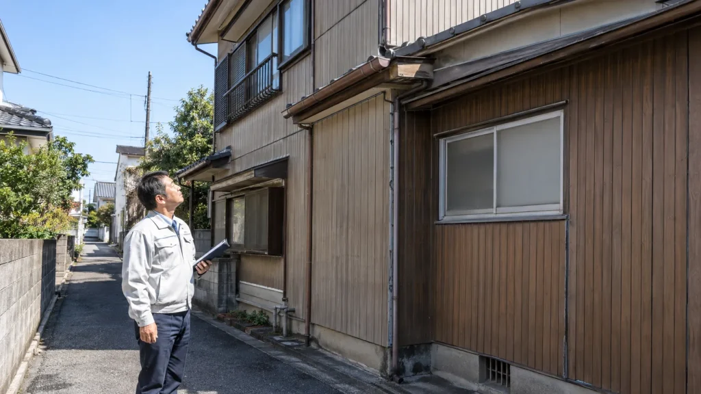 買取の前に、増築部分の有無を建物の外から確認する当社スタッフのイメージ