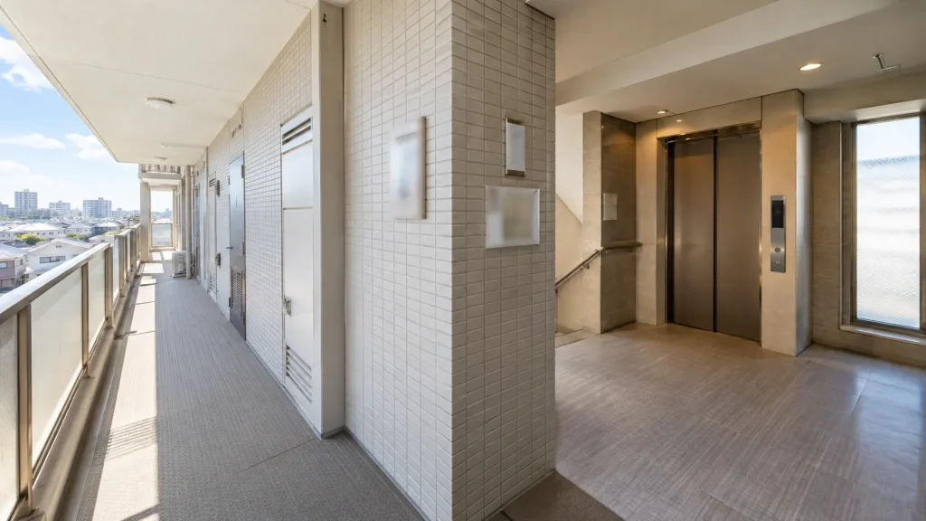 マンションの共用廊下とエレベーターホールのイメージ