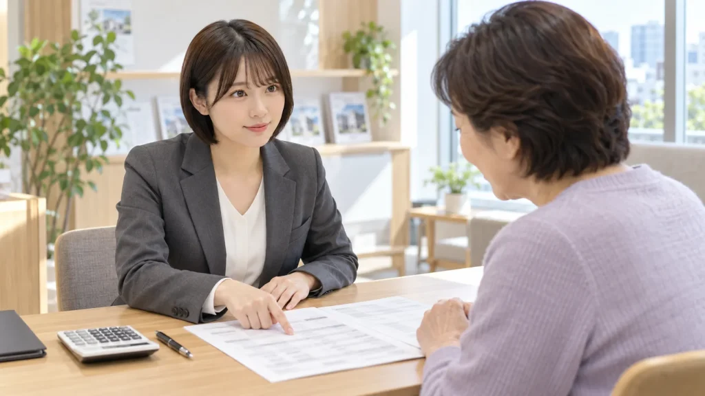 売買代金からの精算について書類で説明を受けているイメージ
