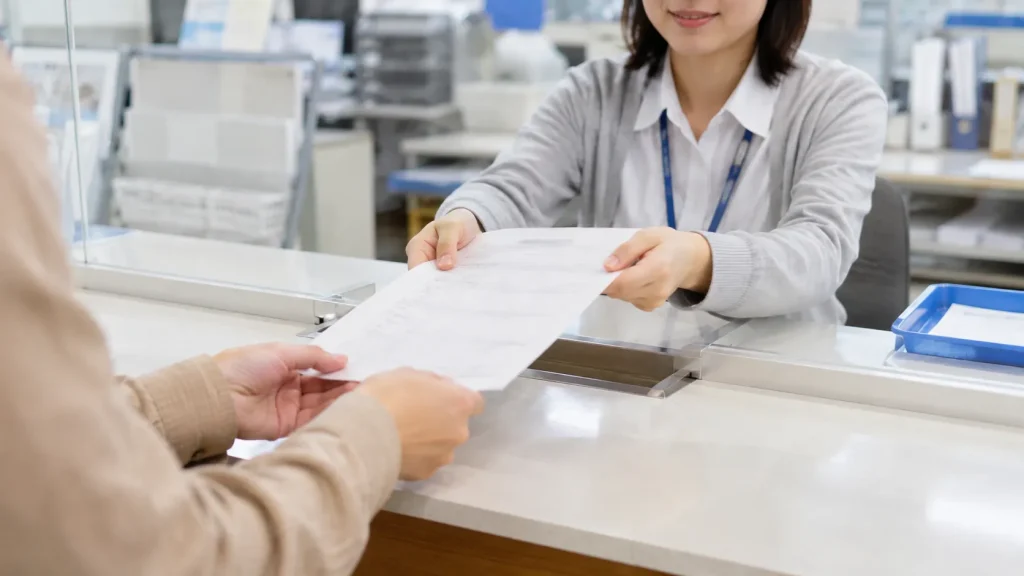 市役所の窓口で書類を受け取っている手元のイメージ