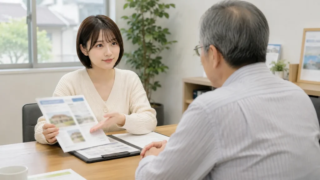 不動産会社の担当者が売主に物件の資料を見せて説明しているイメージ
