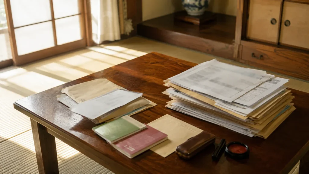 実家の和室で古い書類や通帳を確かめているイメージ