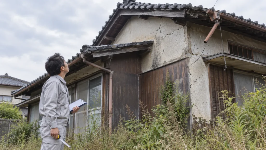 古い木造住宅の屋根と外壁の傷みを確認する様子（イメージ）