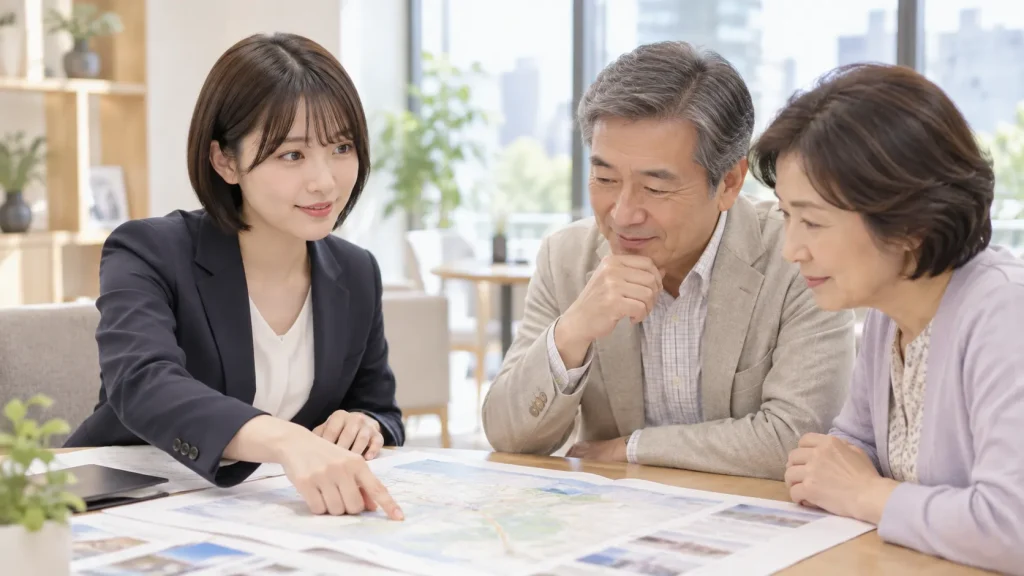 地図を広げて担当者が夫婦に説明している場面(イメージ)
