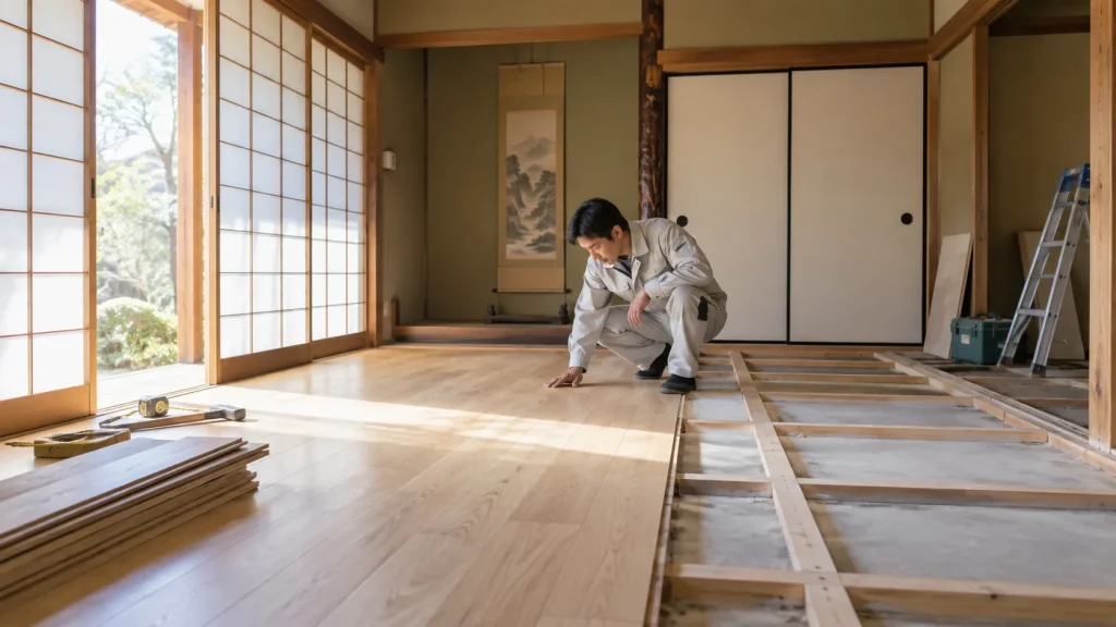 古い木造住宅の和室を改修している職人(イメージ)